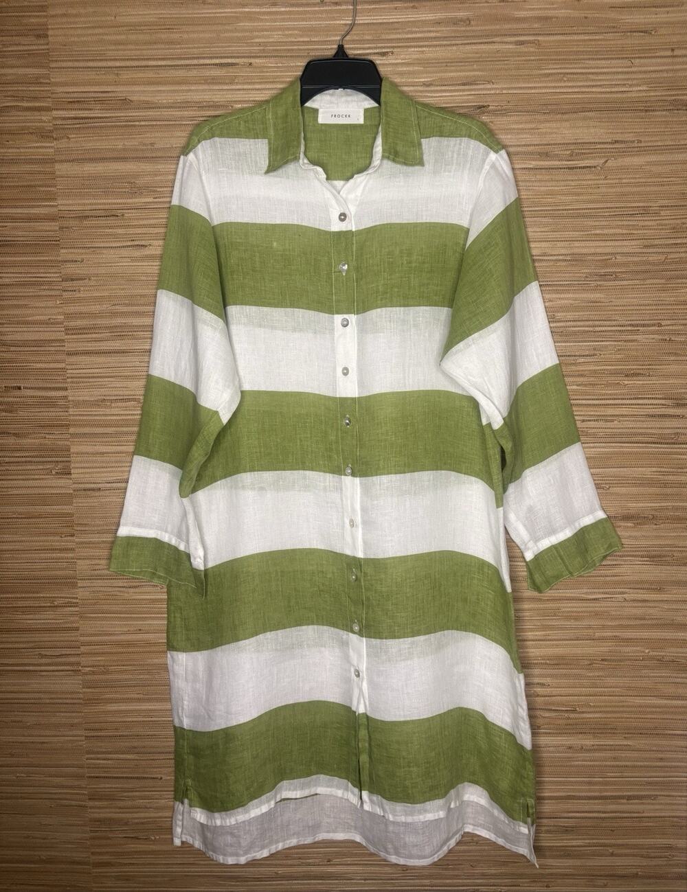 Frockk Green & White Wide Striped 100% Linen Button Down Dress Sz L